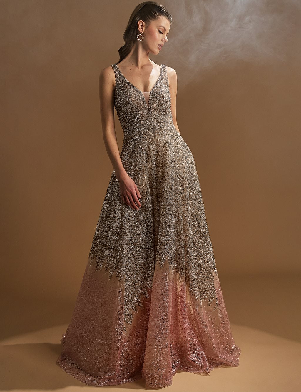 Embroidered Deep V-Neck Evening Dress