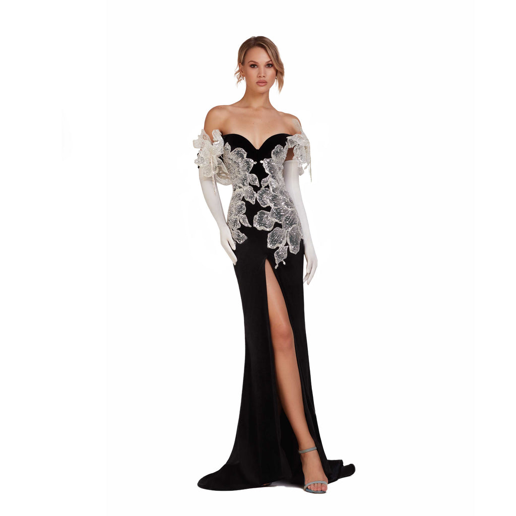O'Blanc Long Velvet Mermaid Dress With Embroidery And Flowers