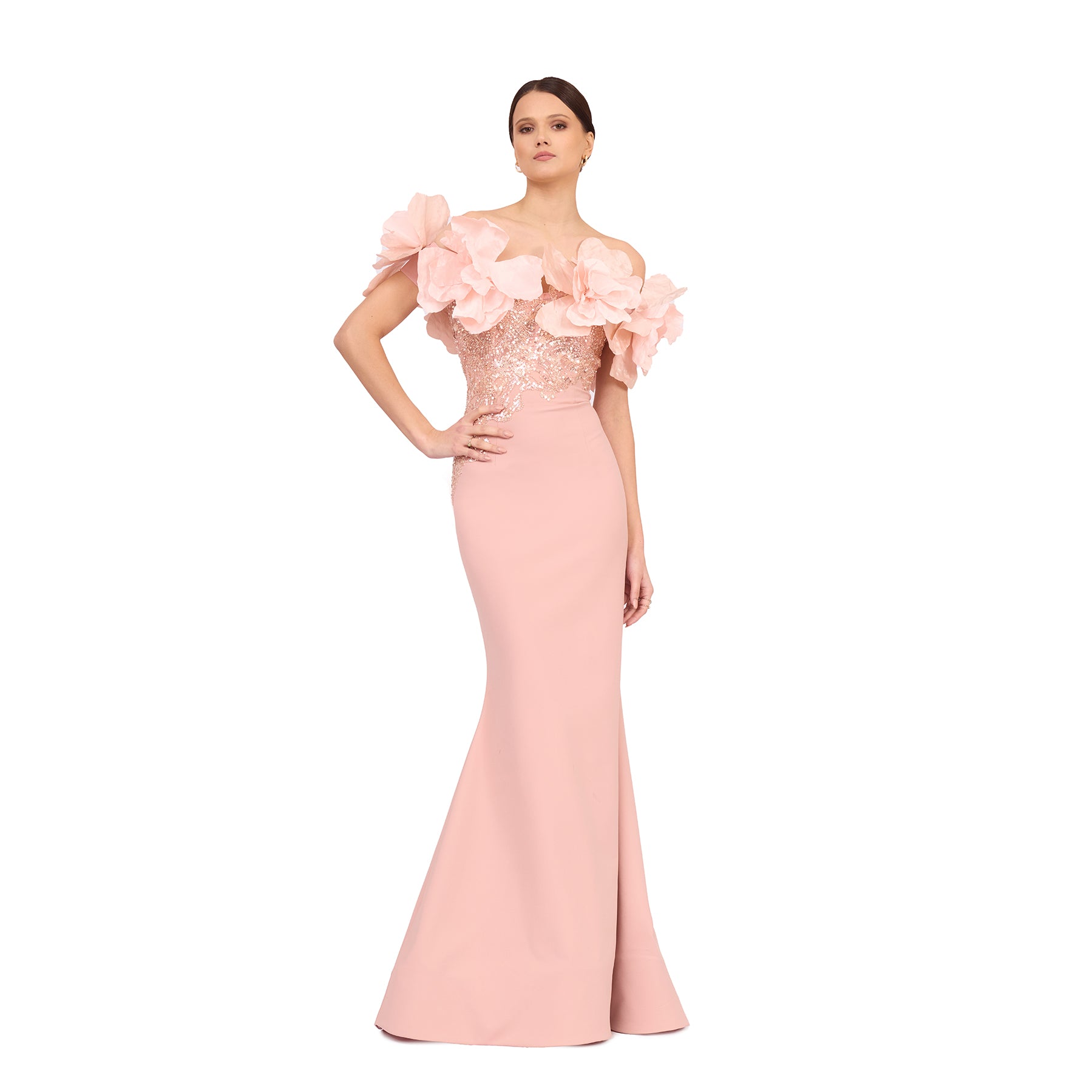 O'Blanc Long Mermaid Dress With Embroidery And Flowers