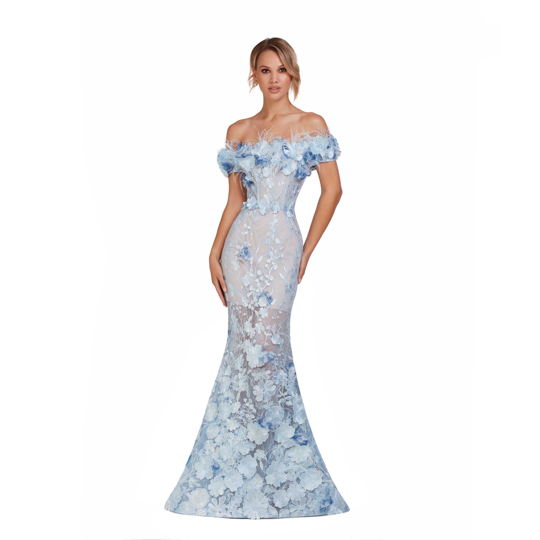 O'Blanc Long Mermaid Dress With Embroidery And Feathers
