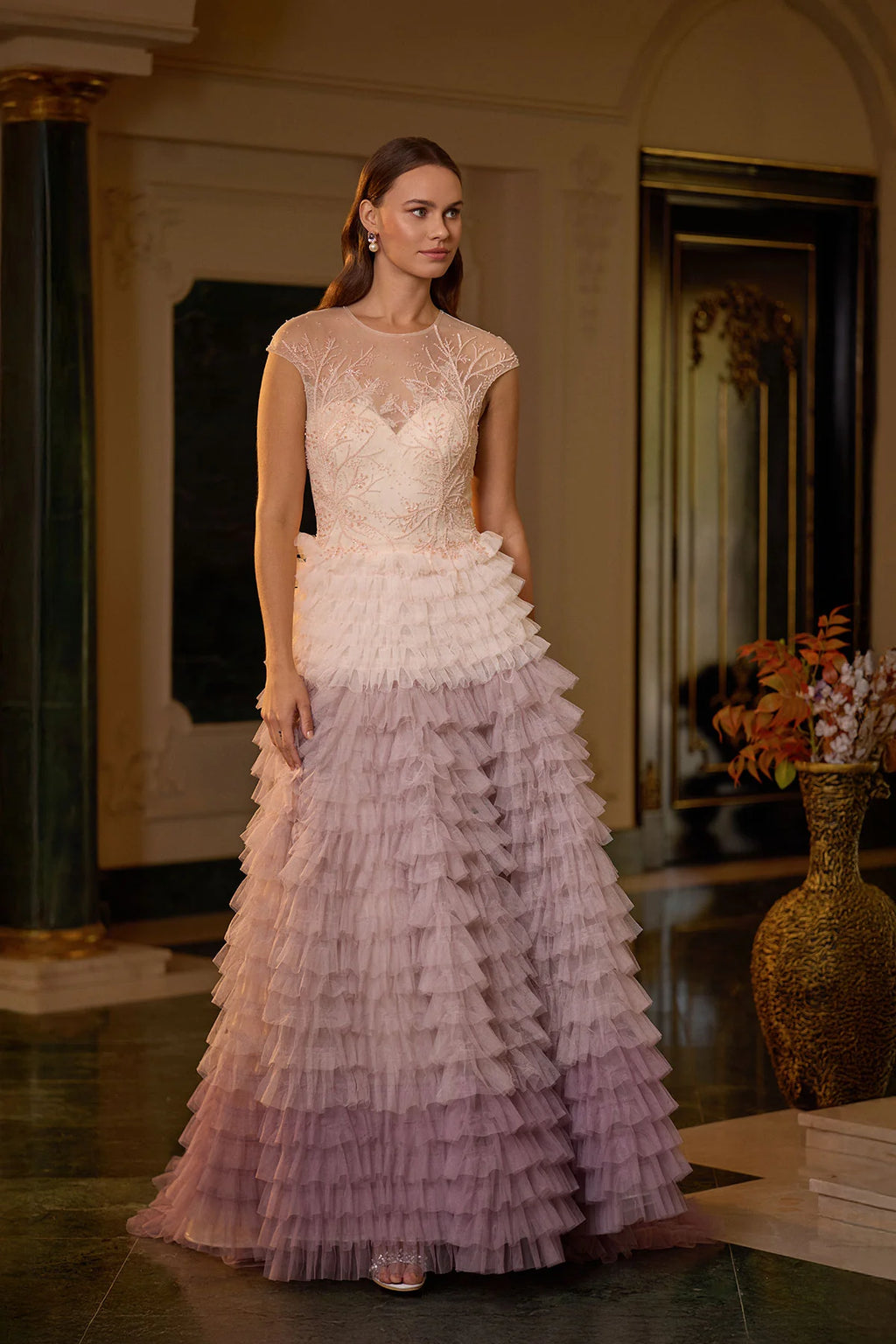 Elegant Layered Tulle Embellished Lavender Evening Dress