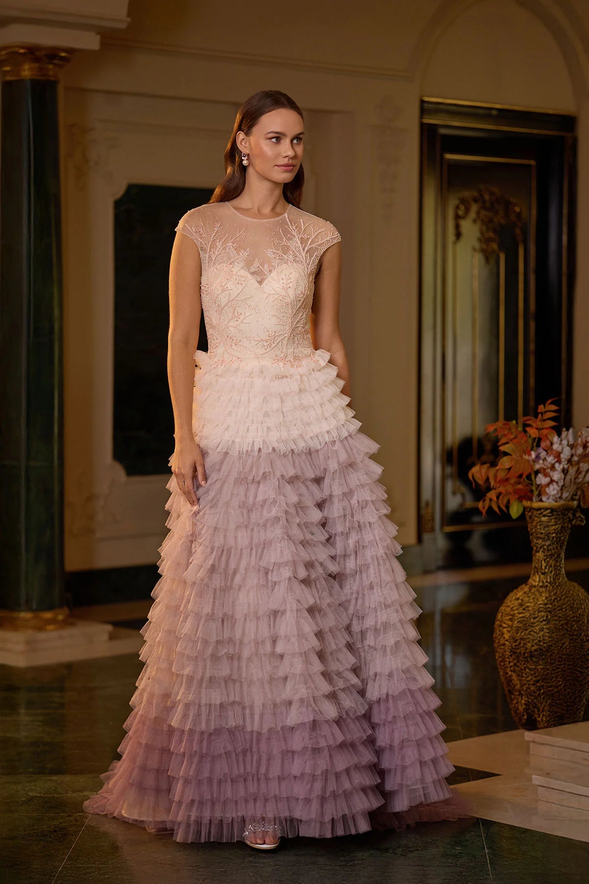 Elegant Layered Tulle Embellished Lavender Evening Dress