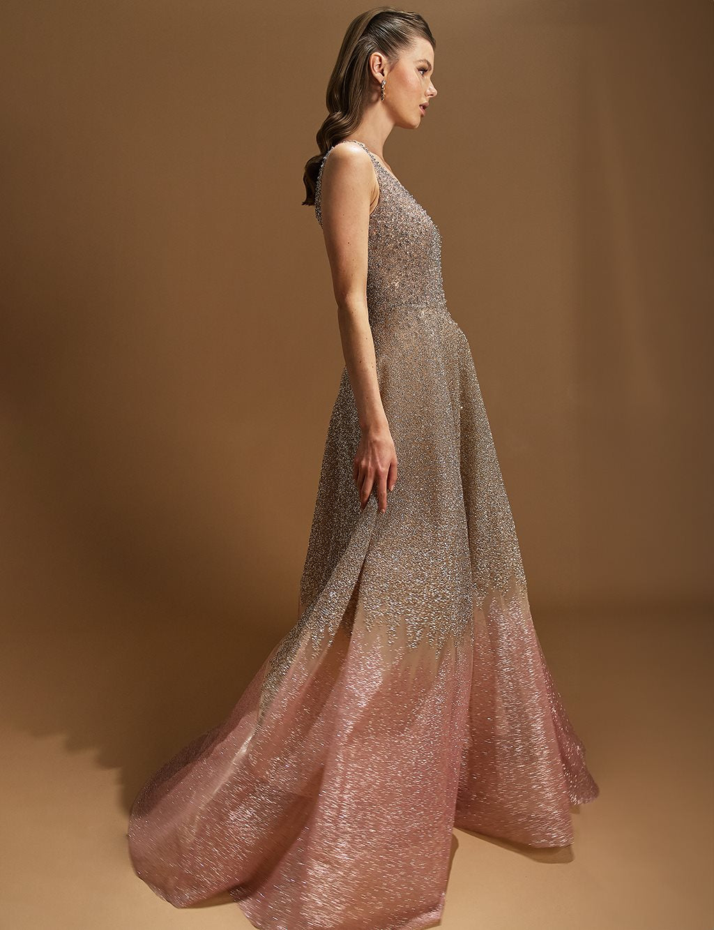 Embroidered Deep V-Neck Evening Dress