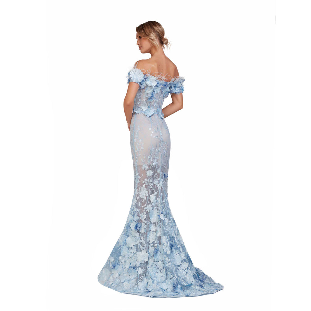 O'Blanc Long Mermaid Dress With Embroidery And Feathers