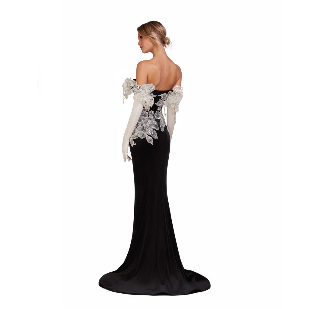 O'Blanc Long Velvet Mermaid Dress With Embroidery And Flowers