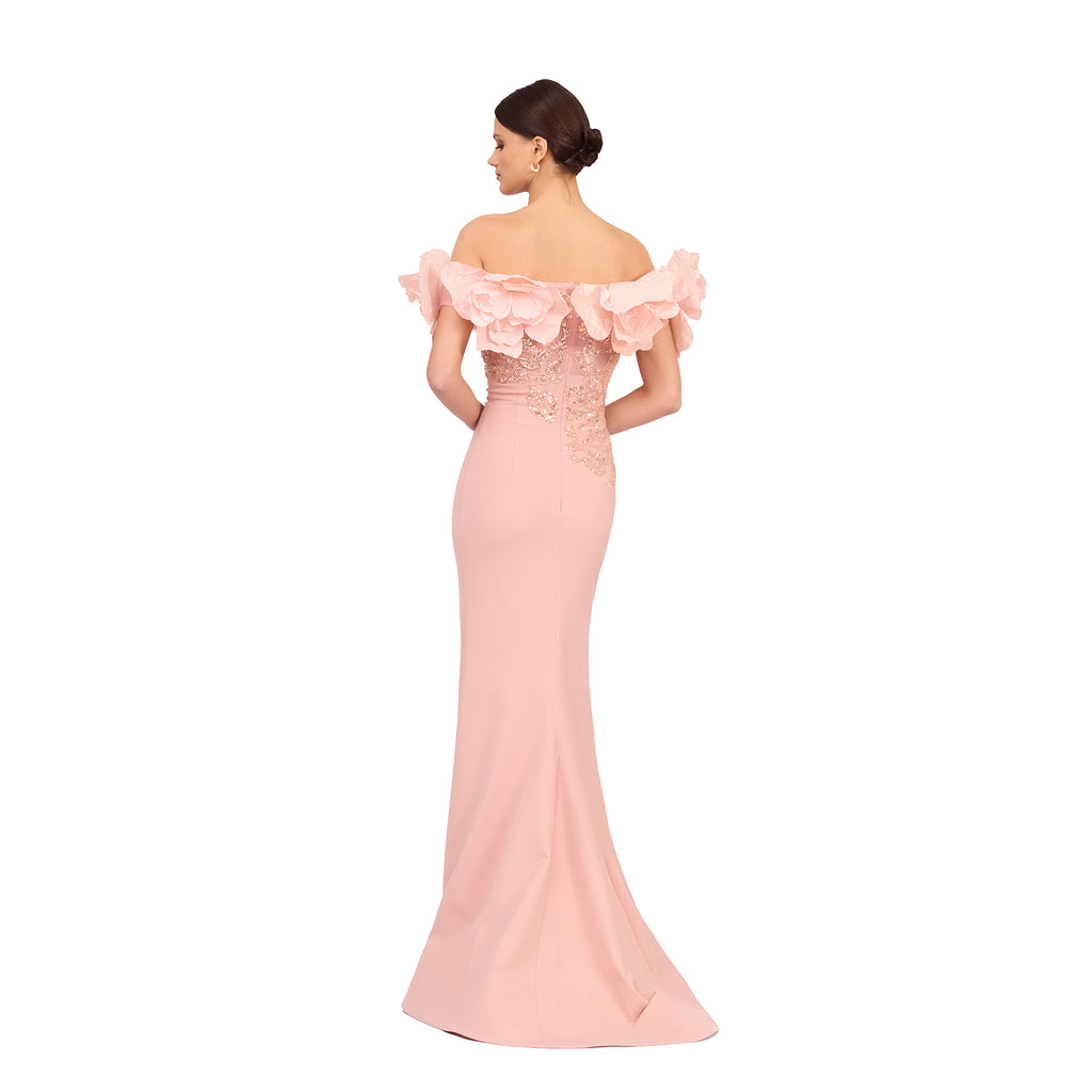 O'Blanc Long Mermaid Dress With Embroidery And Flowers