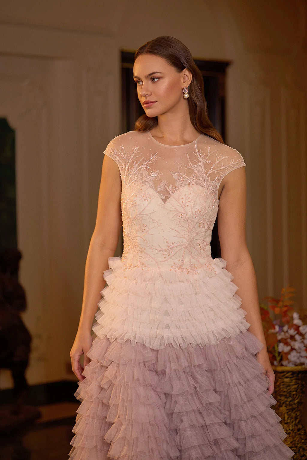 Elegant Layered Tulle Embellished Lavender Evening Dress