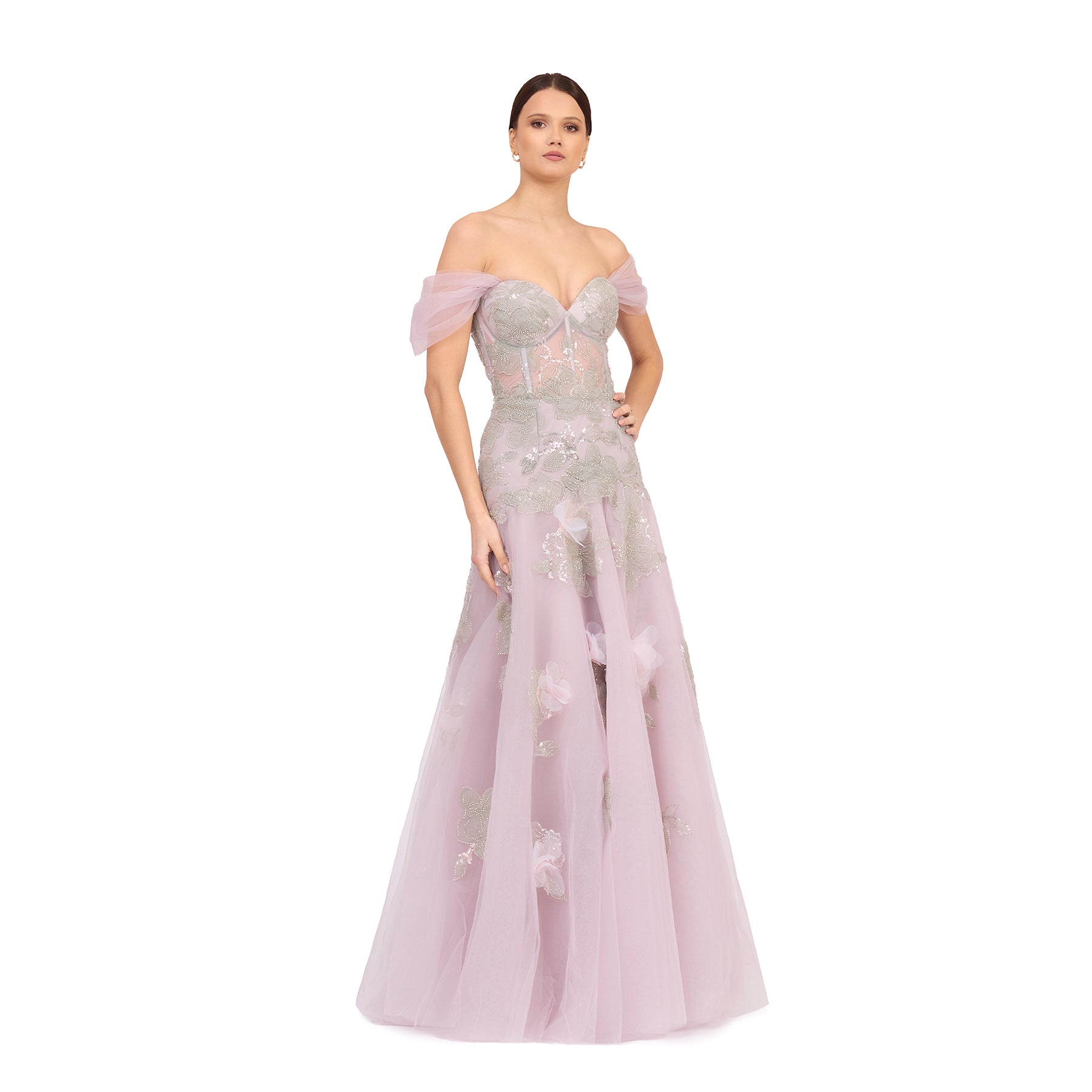 O'Blanc Lung Tulle Dress With Corset And Embroidery