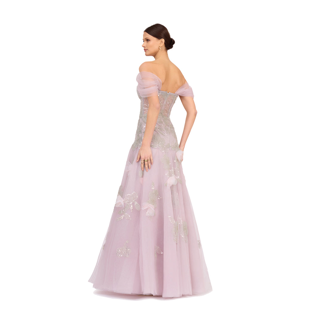 O'Blanc Lung Tulle Dress With Corset And Embroidery